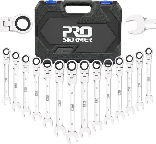 14-Piece Flex-Head Ratcheting Wrench Set, 6-19cm Metric Chrome Vanadium Steel Ratchet Wrenches, Combination Ended Spa...