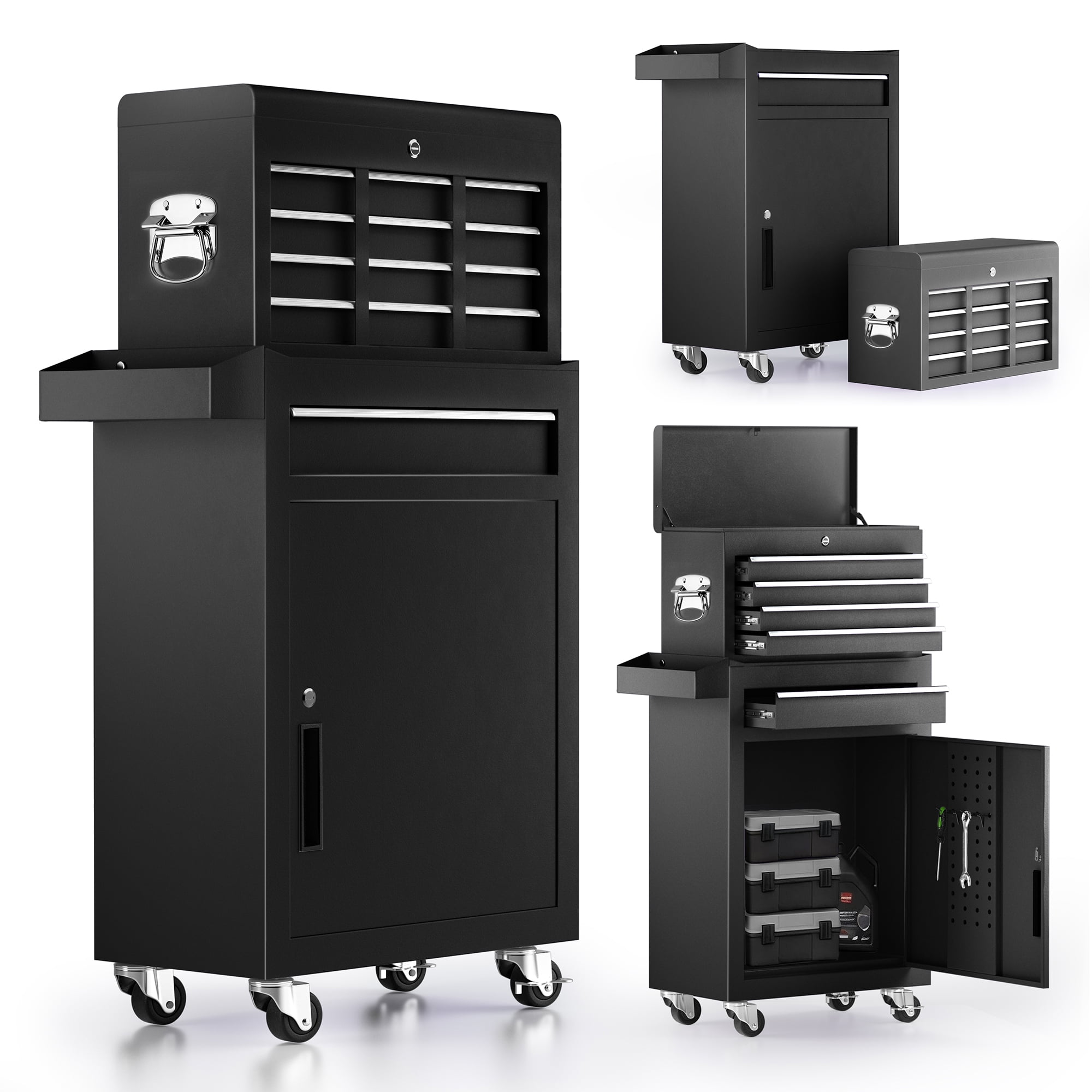5-Drawer Rolling Tool Chest, Stainless Steel Tool Box with Brake Wheels and 4 Drawers, Black Detachable Tool Cart, Black