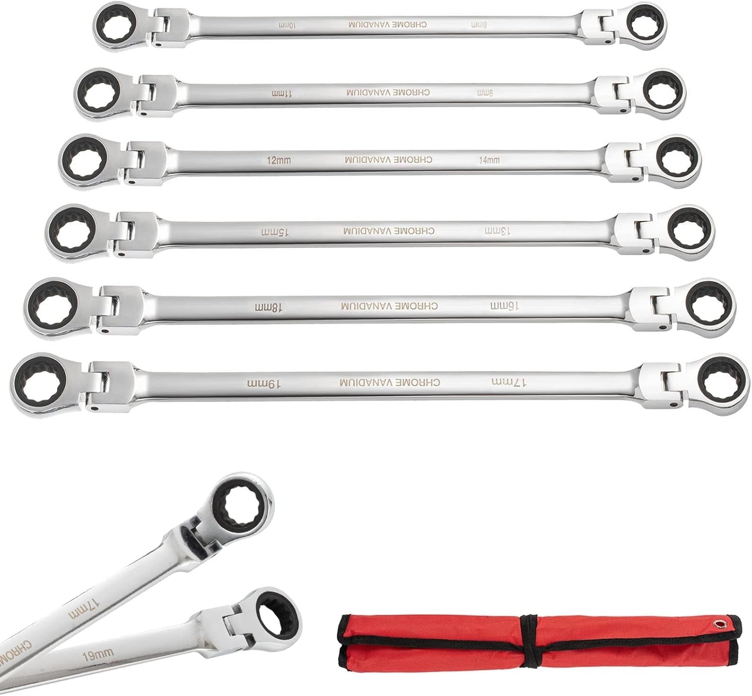 6Pcs Extra Long Flex Head Ratcheting Wrench Set Metric 8-19mm Double Box End Wrench Set Laser Etched Steel Wrenches