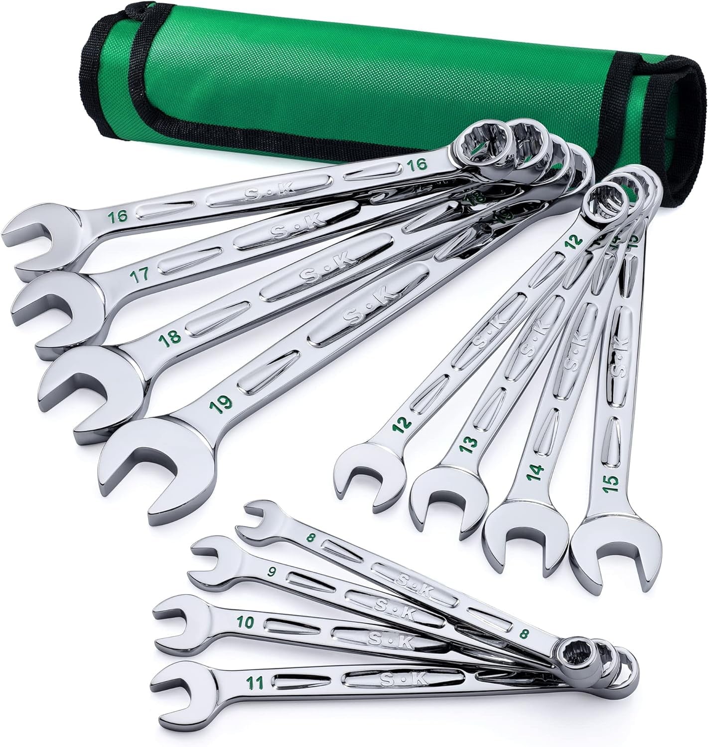 Combination Wrench Set, Metric 8 to 19mm, 12-Piece, SuperKrome Finish, Preminum CR-V Construction, with Rolling Pouch
