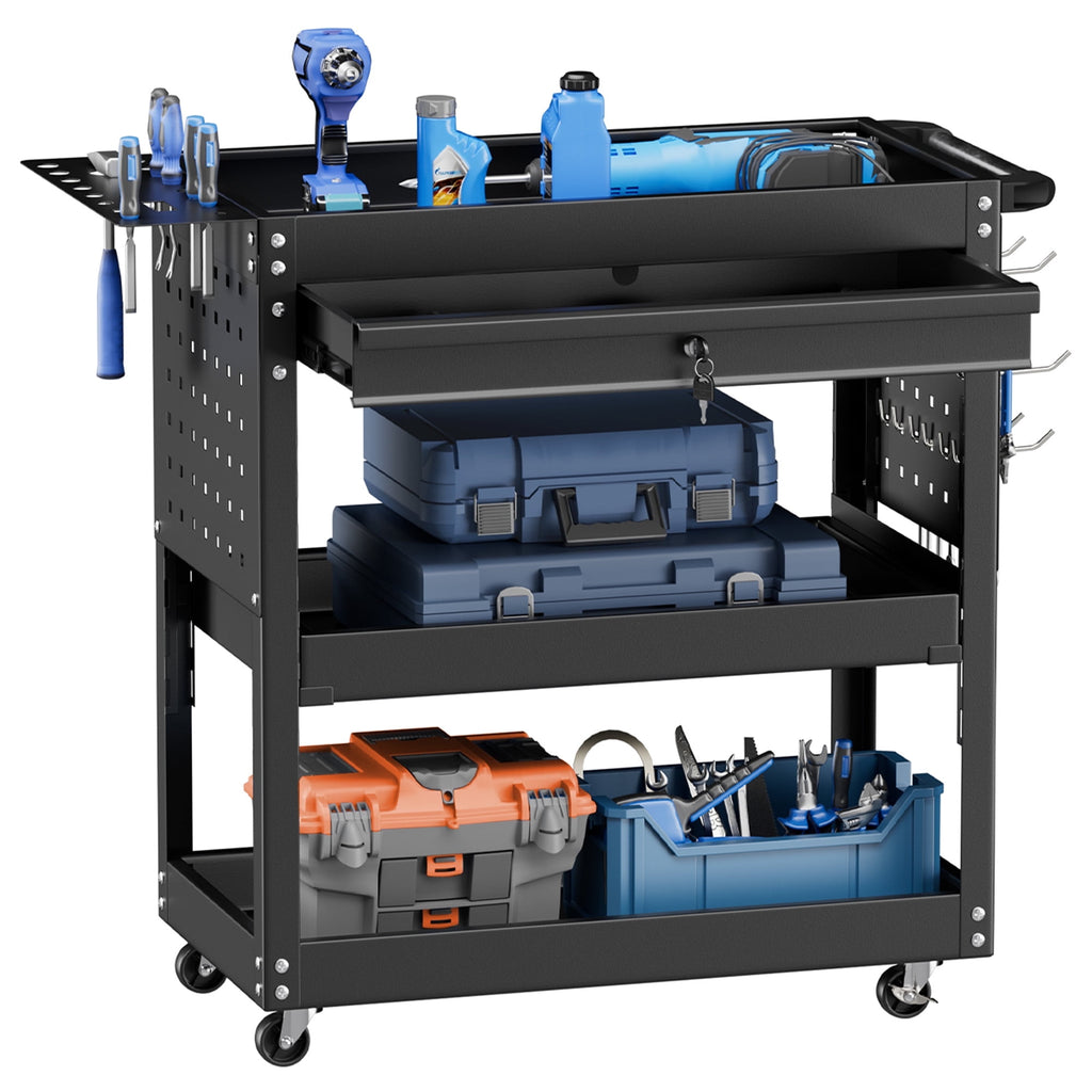 3 Rolling Tool Cart on Wheels with Lockable Drawers, 420 Capacity Tool storage Cart with Pegboard and Hooks, Rolling ...