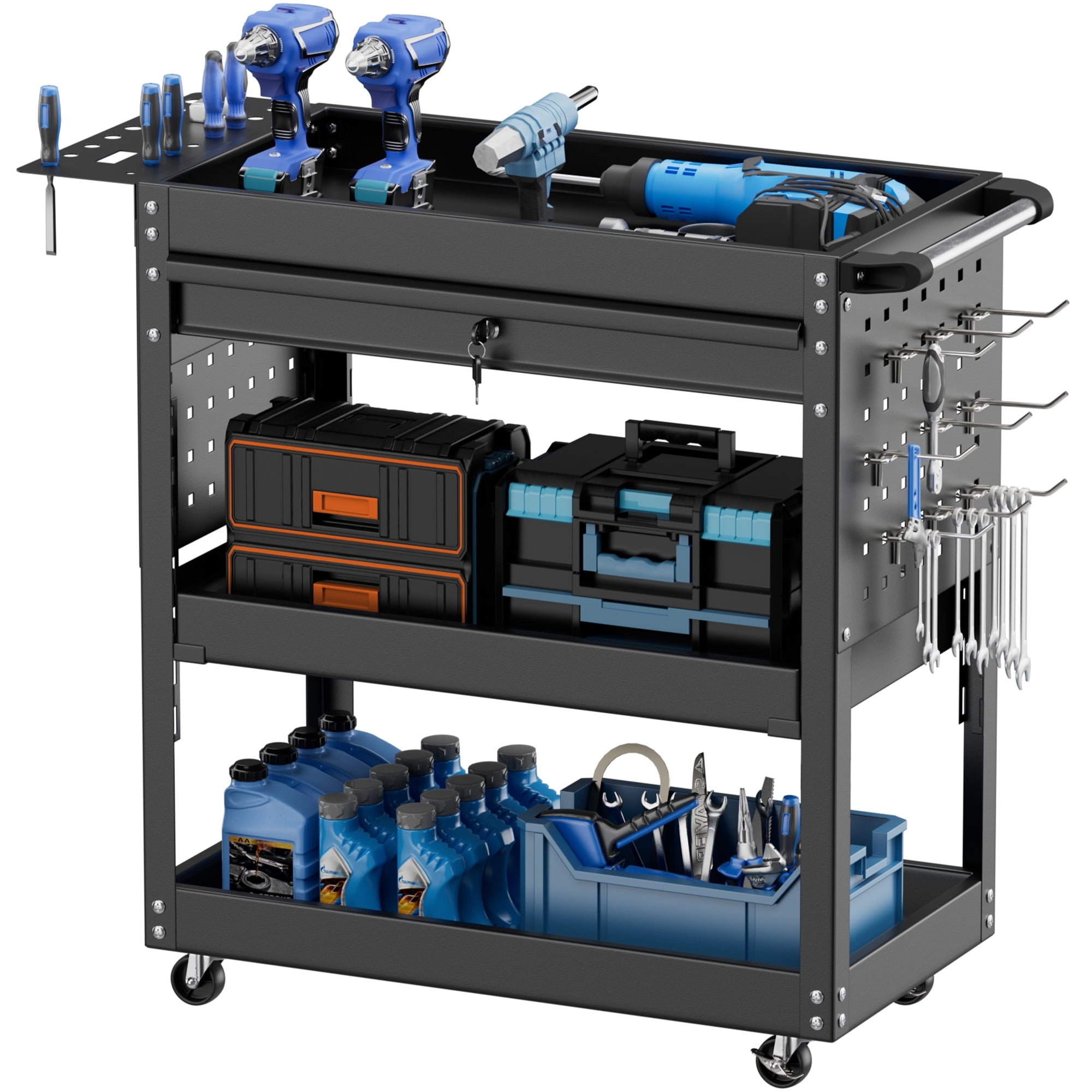 3 tier Rolling Tool Cart with Drawer on Wheel, Multi-layer Storage with Lockable Ball-Bearing Slides for Garage and W...