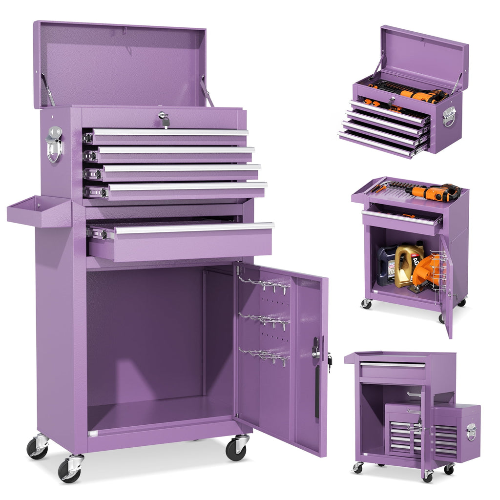 SUNCROWN 5-Drawer Rolling Tool Chest, Storage Cabinet with Detachable Top Tool Box, Tool Chest with Universal Lockable Wheels, Metal Tool Ca