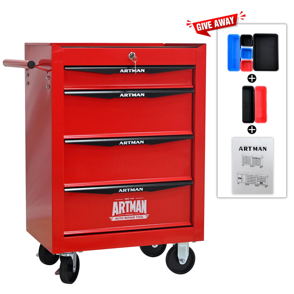 Rolling Tool Boxes on Wheels, 4 Drawers Tool Chest Storage Cabinet Metal, Multifunctional Tool Organizer Cart Lockabl...