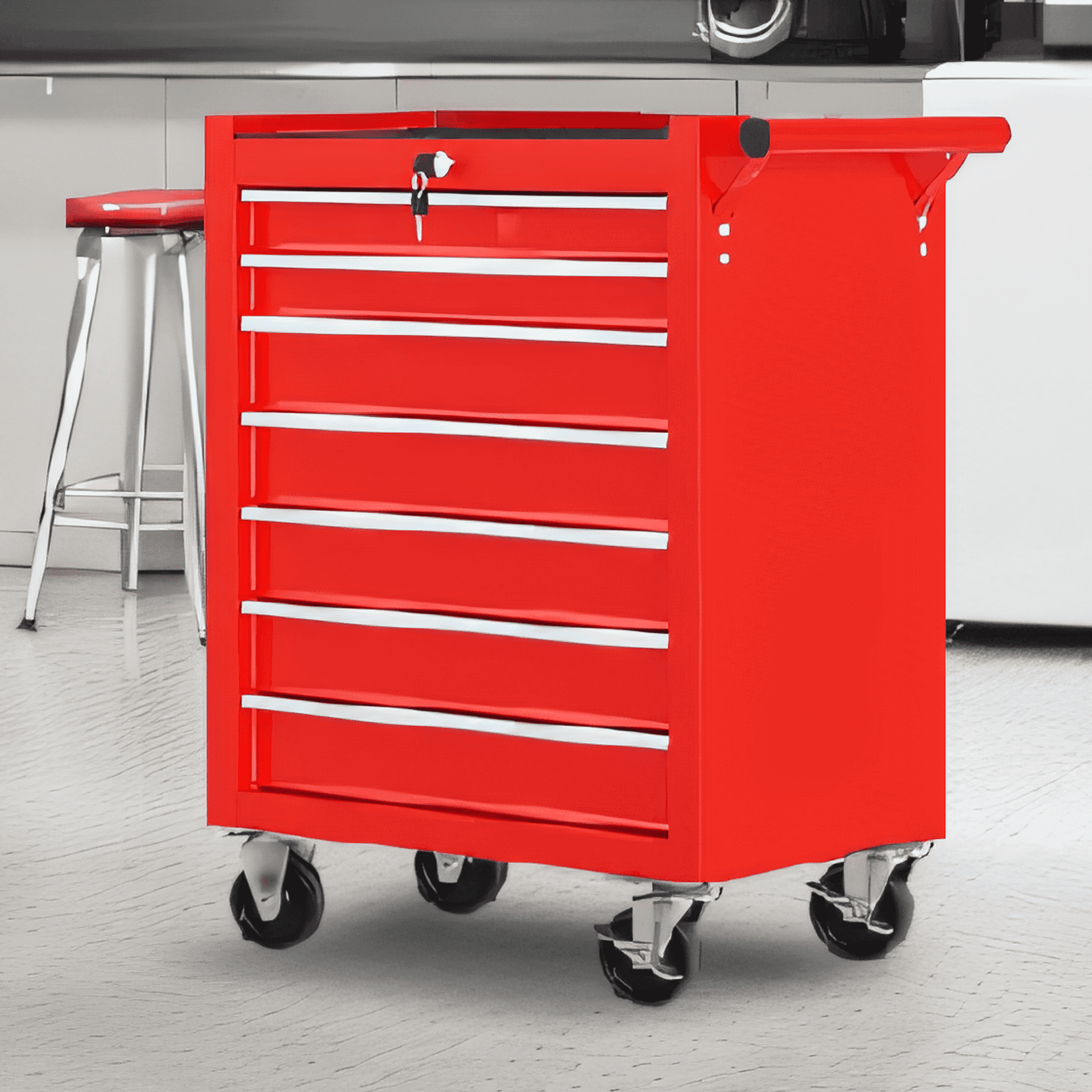 Chest on Wheels, Metal Cart box Storage Cabinet Organizer W/ 7 Drawers, Red