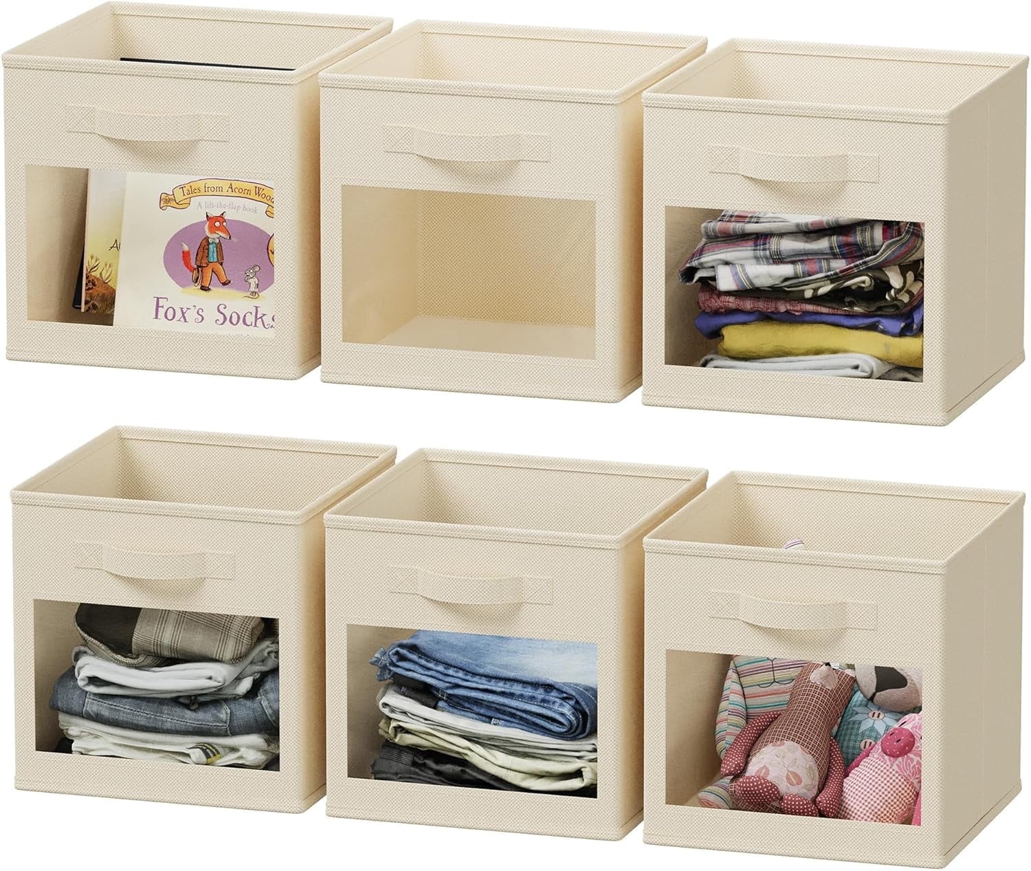 Storage Cubes with Clear Windows, Set of 6 Fabric Bins, 11 Inch, Black