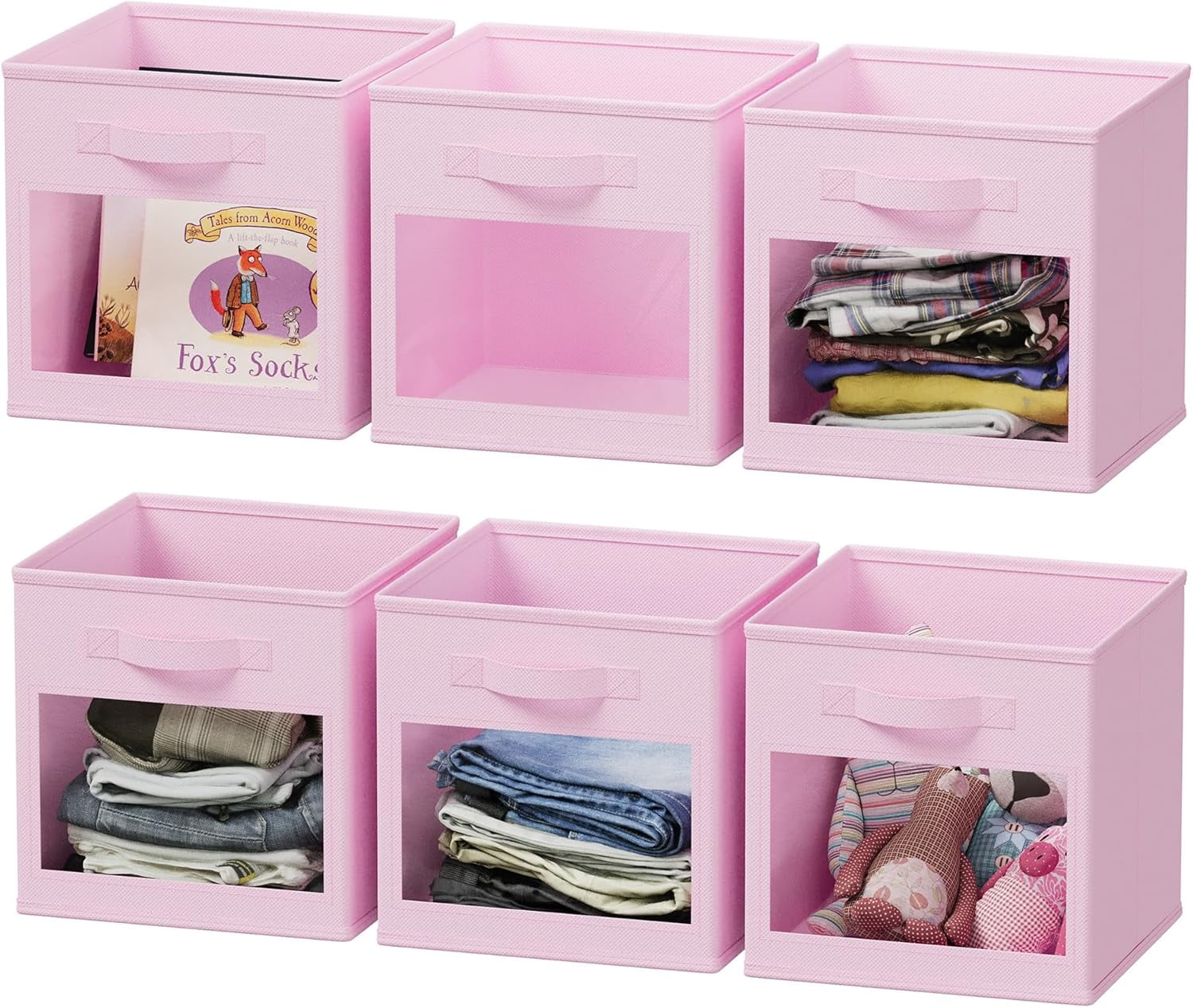 Storage Cubes with Clear Windows, Set of 6 Fabric Bins, 11 Inch, Black