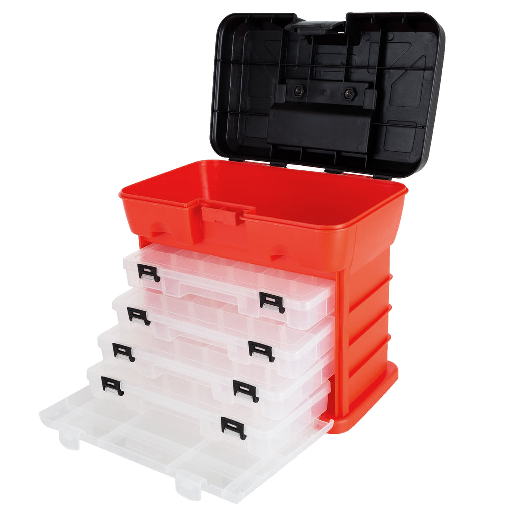 Portable Tool Storage Box - Small Parts Organizer with 4 Multi-Compartment Trays for Fishing Tackle, Hand Tools, or C...