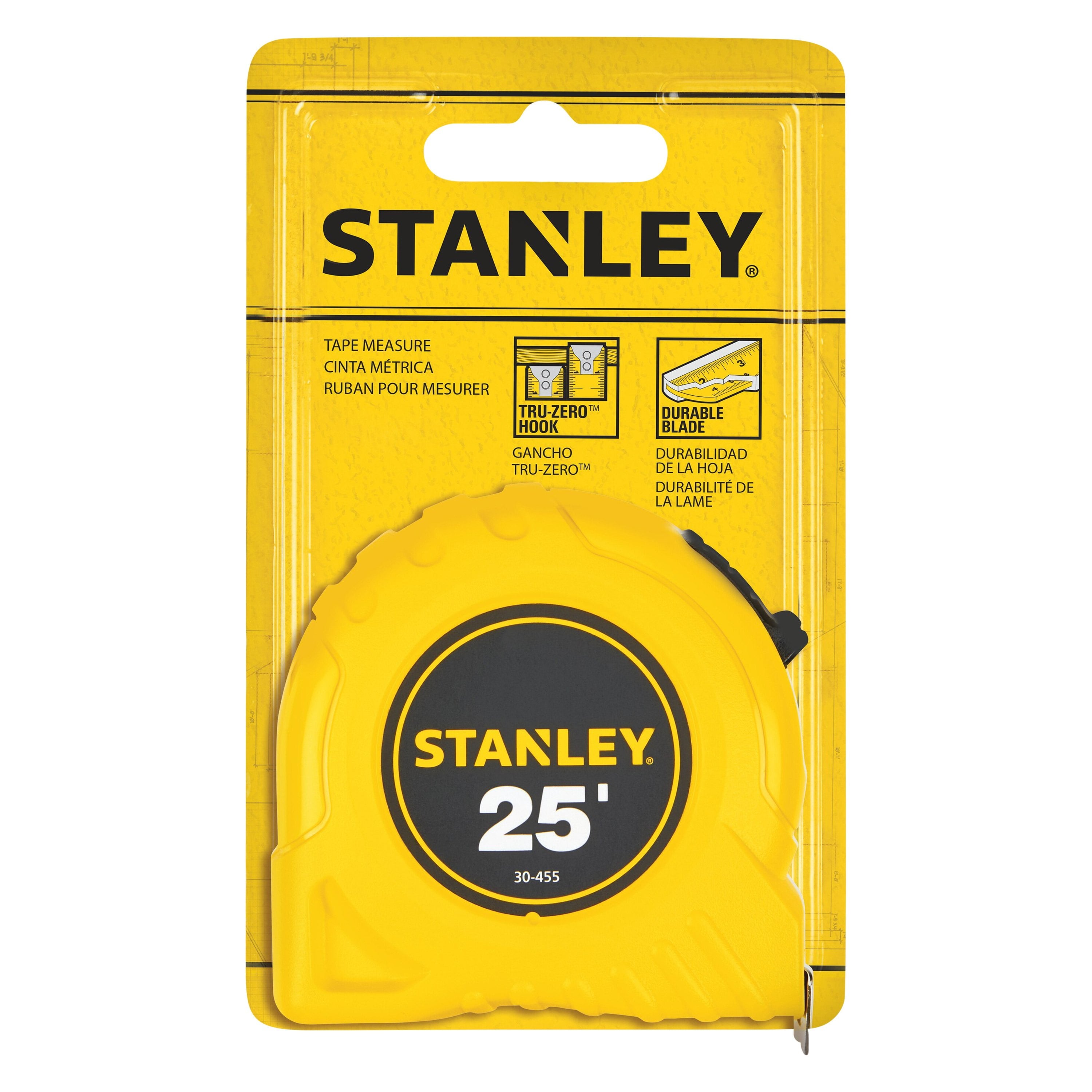 Stanley Power Return Tape Measure, Plastic Case, 1" x 25ft, Yellow