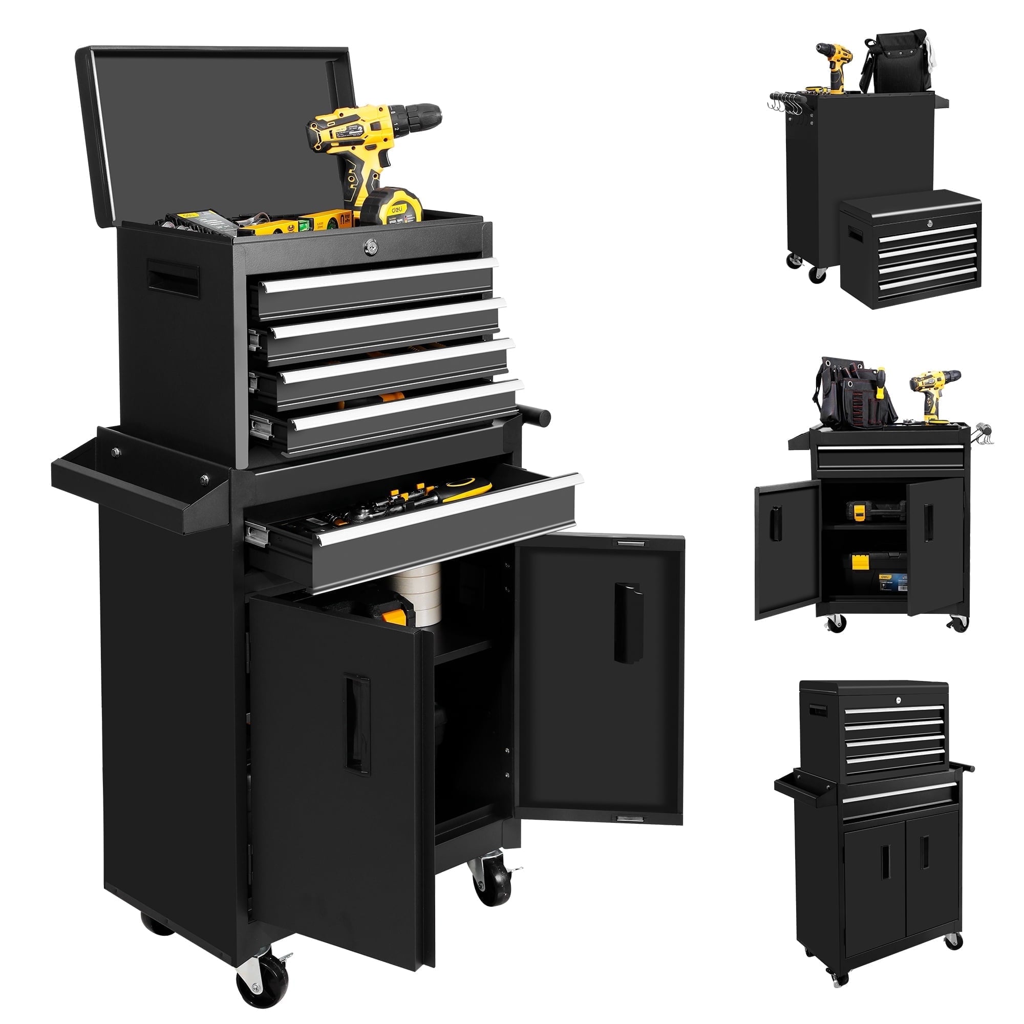 26-Inch Chest & Storage Cabinet, 5 Drawers Rolling Chest with Detachable Top Box for Garage Warehouse Workshop, Rolli...