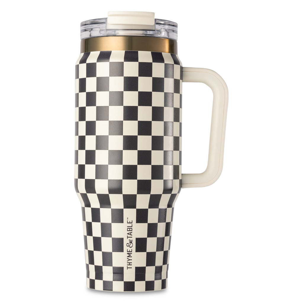 Thyme &amp; Table 32 fl oz Stainless Steel Luna Tumbler with Handle and Dual Straw Lid, Cream &amp; Black Check