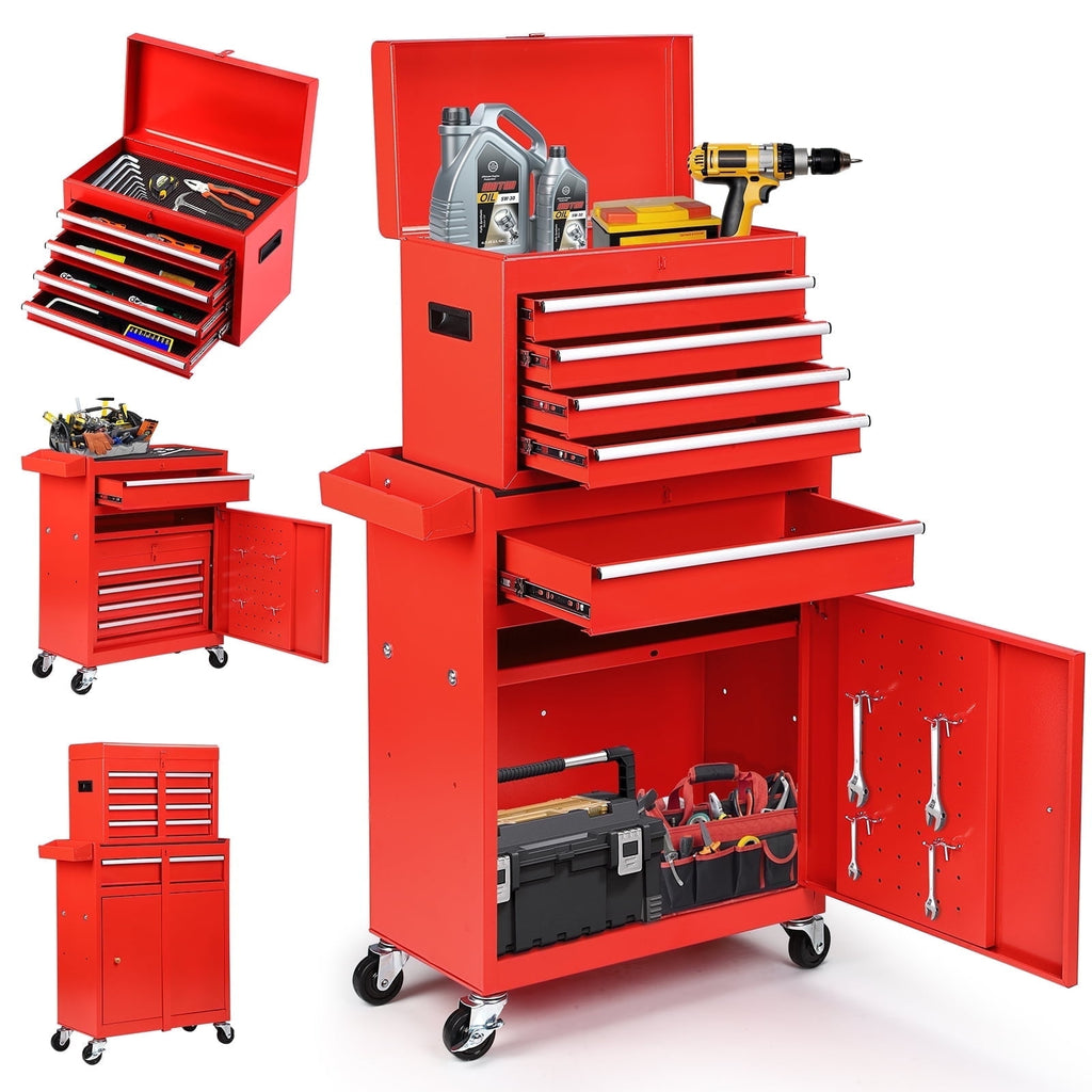 5-Drawer Tool Chest with Detachable Box, Lockable Wheels & 4 Hooks, Red