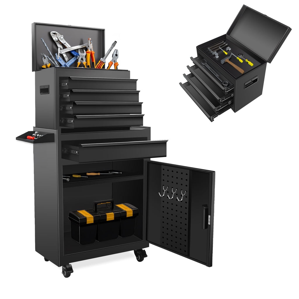 5 Drawers Rolling Cabinet with Detachable Top box, Universal Lockable Wheels, Lock Bar, Protective Liner & Rack, Meta...