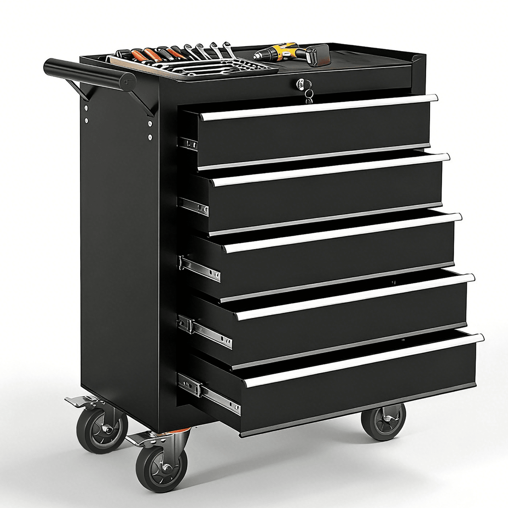 on Wheels, 5-Drawer Rolling Box with Workbench Top, Multifunctional Storage Organizer for Garage, Warehouse, Workshop