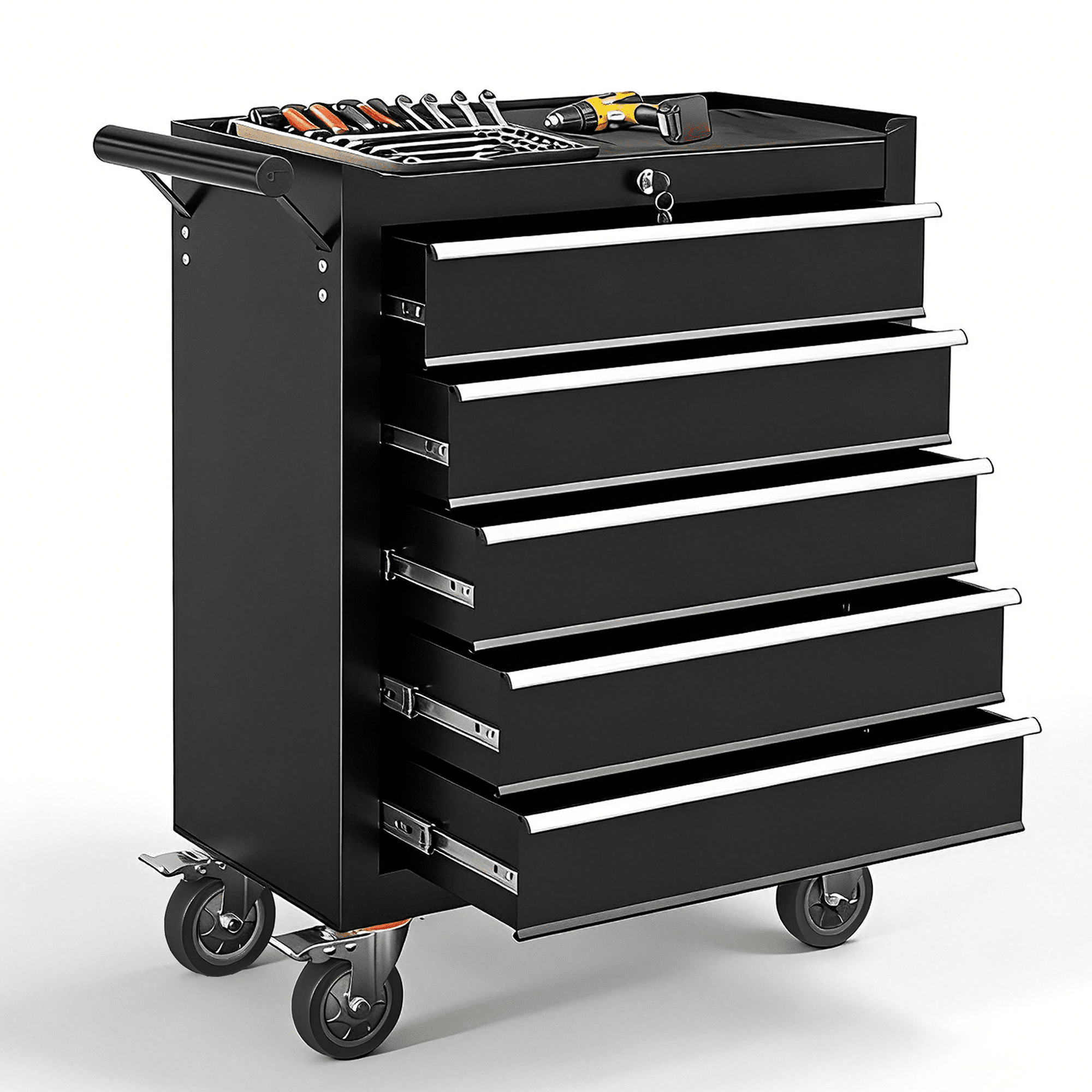 on Wheels, 5-Drawer Rolling Box with Workbench Top, Multifunctional Storage Organizer for Garage, Warehouse, Workshop