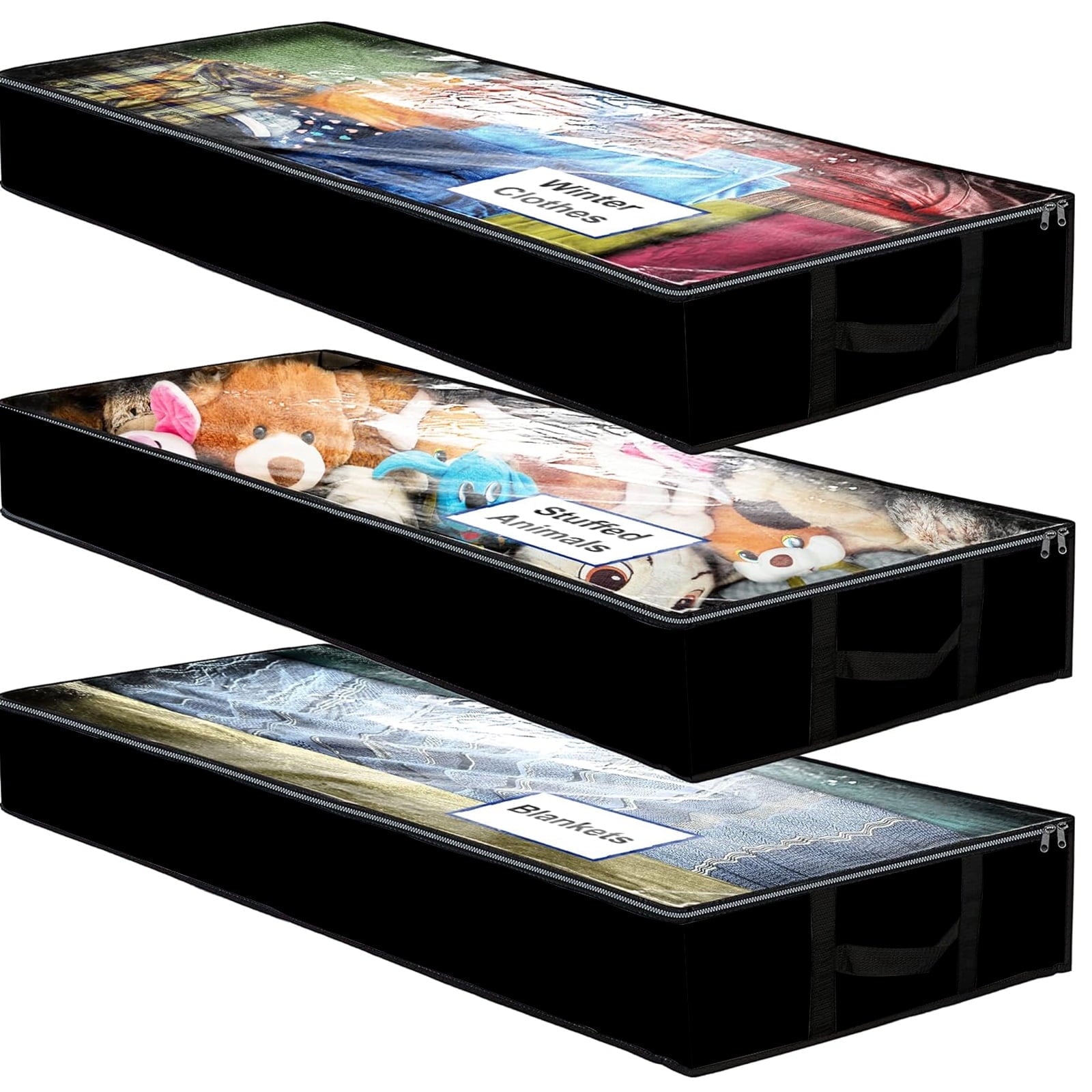Underbed Storage Bag 90L, 3 Large Bins with Reinforced Handles Containers, Visible Clothes Storage Bags for Blanket Pillow Quilts, Closet Organizers