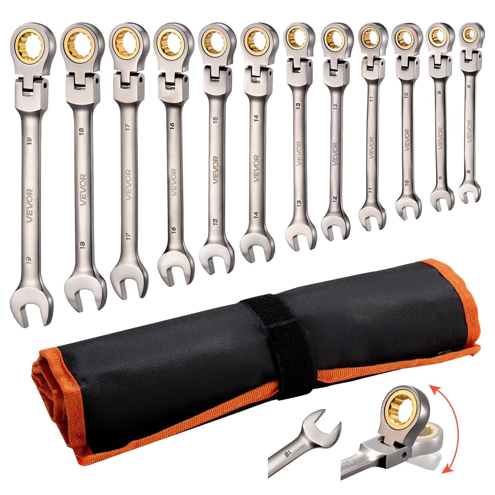 Flex-Head Ratcheting Wrench Set, 12-Piece Metric 8 mm to 19 mm, 72 Teeth, Cr-V Steel Ratchet Flexible Combination Wre...