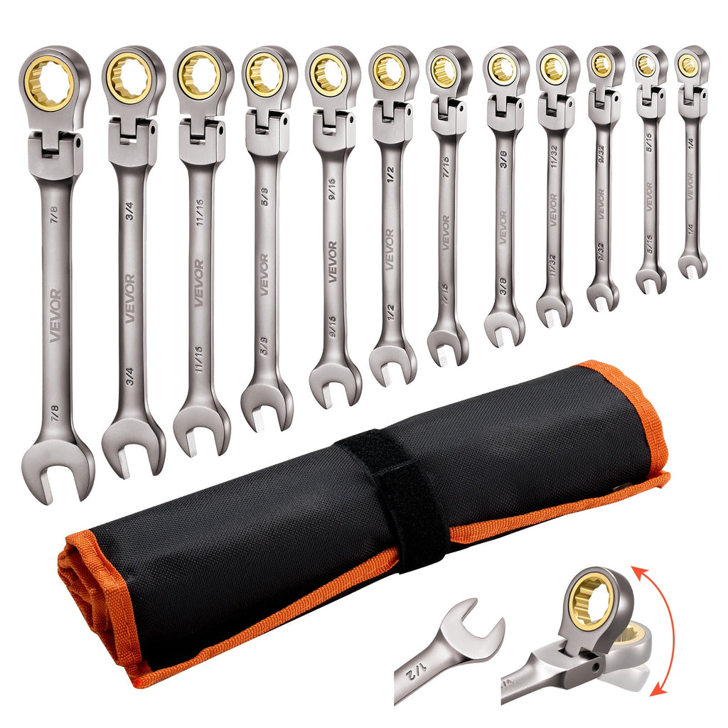 Flex-Head Ratcheting Wrench Set, 12-Piece SAE Sizes, 72 Teeth, Cr-V Steel Ratchet Flexible Combination Wrench Set wit...