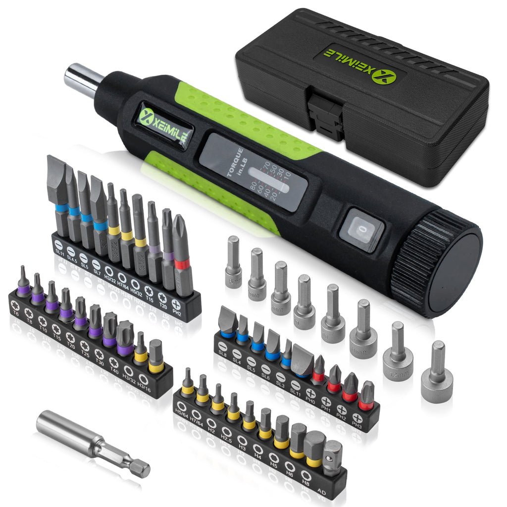 XEIMILE 51Pcs 10-80In-lb Torque Screwdriver,1/4" Drive Wrench Driver Set, Inch Pound Torque Screwdriver with S2 Bits, Extension Bar for Main