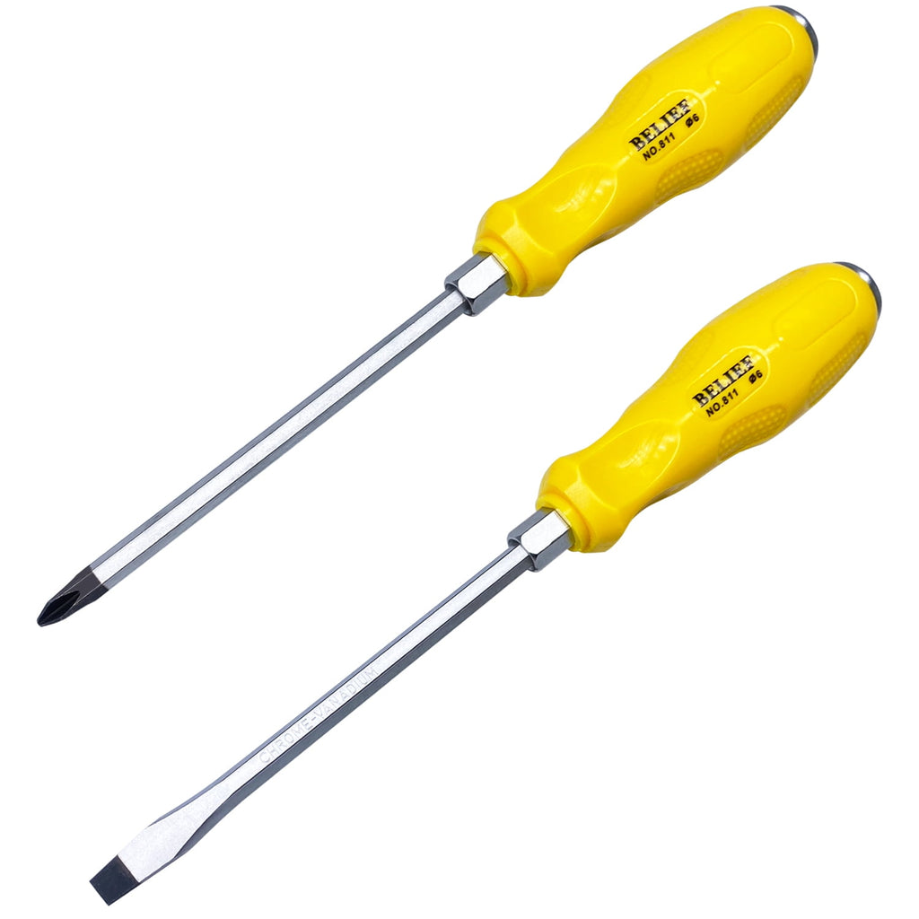 2-Piece Professional Screwdriver Set, Phillips and Flat Head, Non-Slip Handles, S2 Steel, Yellow