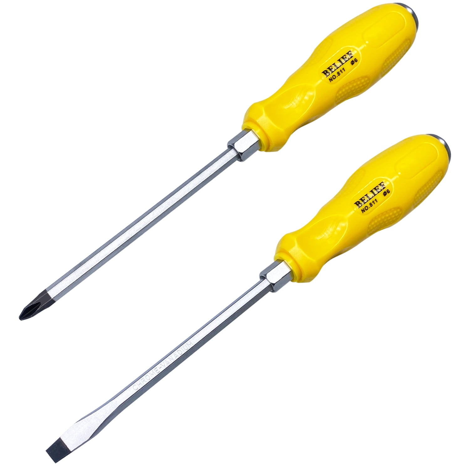 2-Piece Professional Screwdriver Set, Phillips and Flat Head, Non-Slip Handles, S2 Steel, Yellow