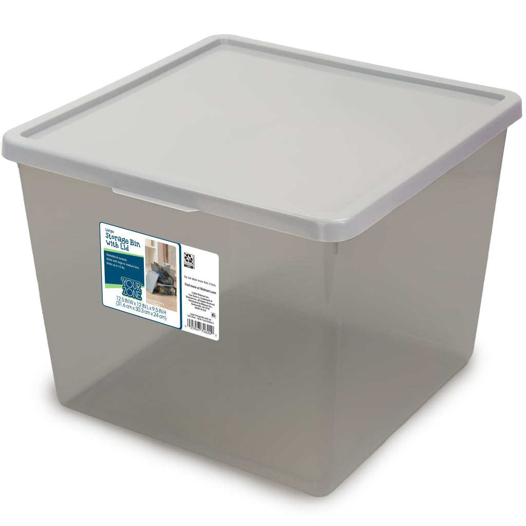 Kids Large Tinted Clear Plastic Stacking Storage Bin with Lid, Grey, 12 in x 12.4 in x 9.4 in