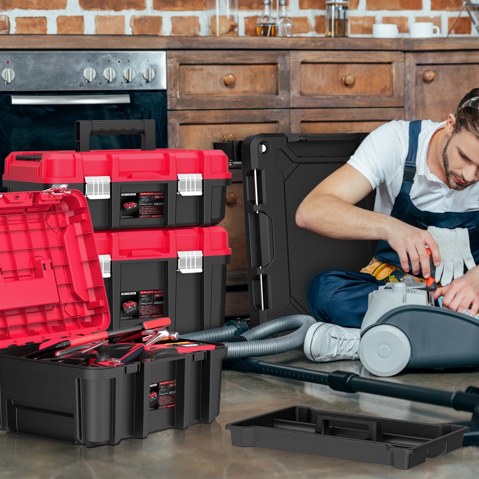 3-Tier & Cectable Rolling Tool Box with Lock | 17" Large Portable Tool Organizer System on Wheels for Garage & Profes... - Image 6