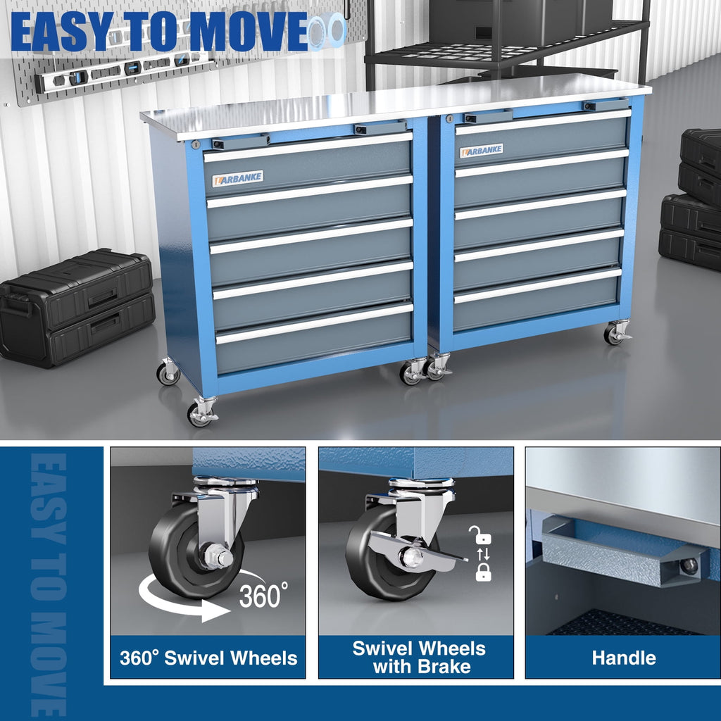 Rolling Tool Chest 5-Drawer Tool Cabinet with Stainless Steel Top Key Lock Heavy-Duty - Image 2