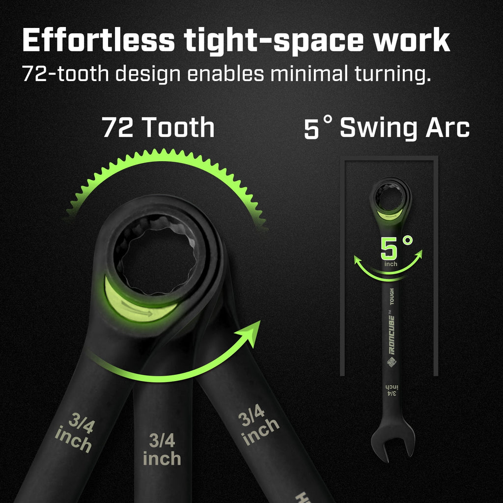 12-Piece Ratcheting Wrench Set: SAE 1/4" to 3/4" - 72-Tooth - Tough Black - Chrome Vanadium Steel - with Organizer - Image 6