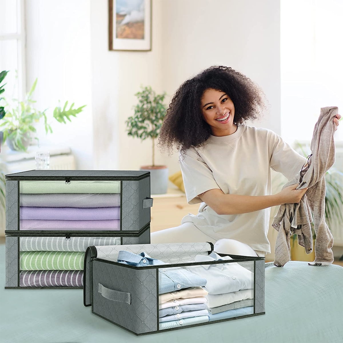 Storage Box, 6 Pack Clothes Organizer with Clear Windows, Sturdy Handles Storage Bag 19.7 x 13.78 x 7.87 inches, Gray