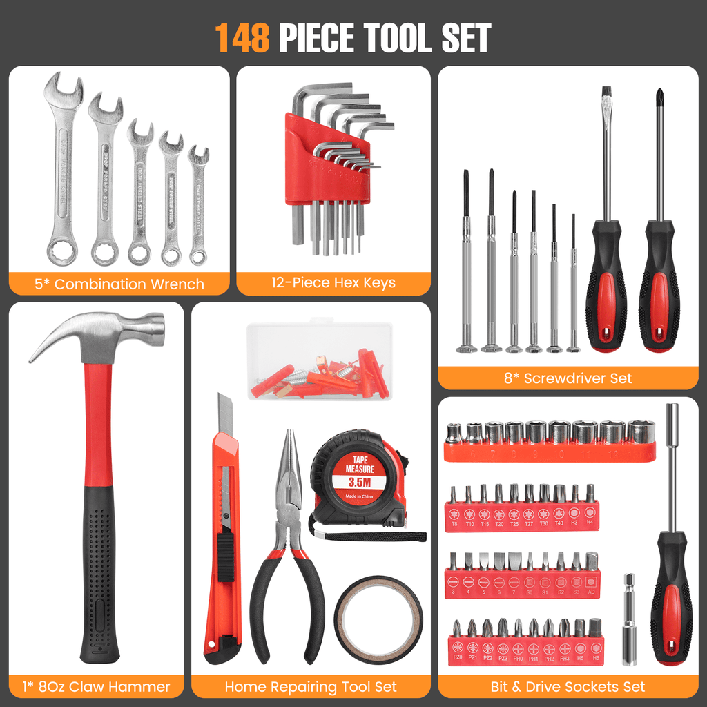 148-Piece Set General Household Hand Kit with Plastic box Storage Case, Mechanic Basic Home Kit for Men and Women, Al... - Image 5
