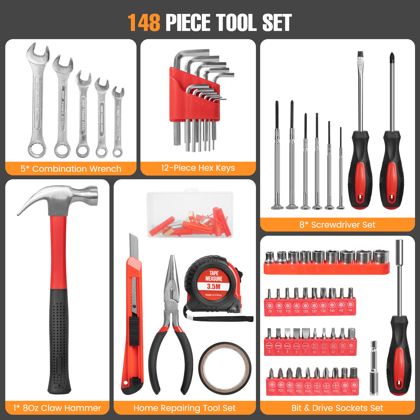 148-Piece Set General Household Hand Kit with Plastic box Storage Case, Mechanic Basic Home Kit for Men and Women, Al... - Image 5