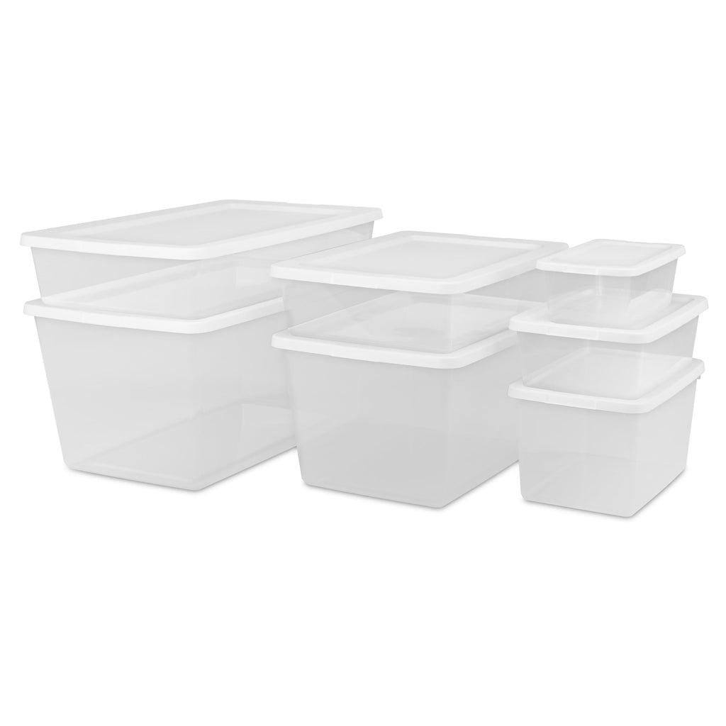6 Quart Small Storage Bin, Clear Plastic Storage Container with Snap-On Lid, White