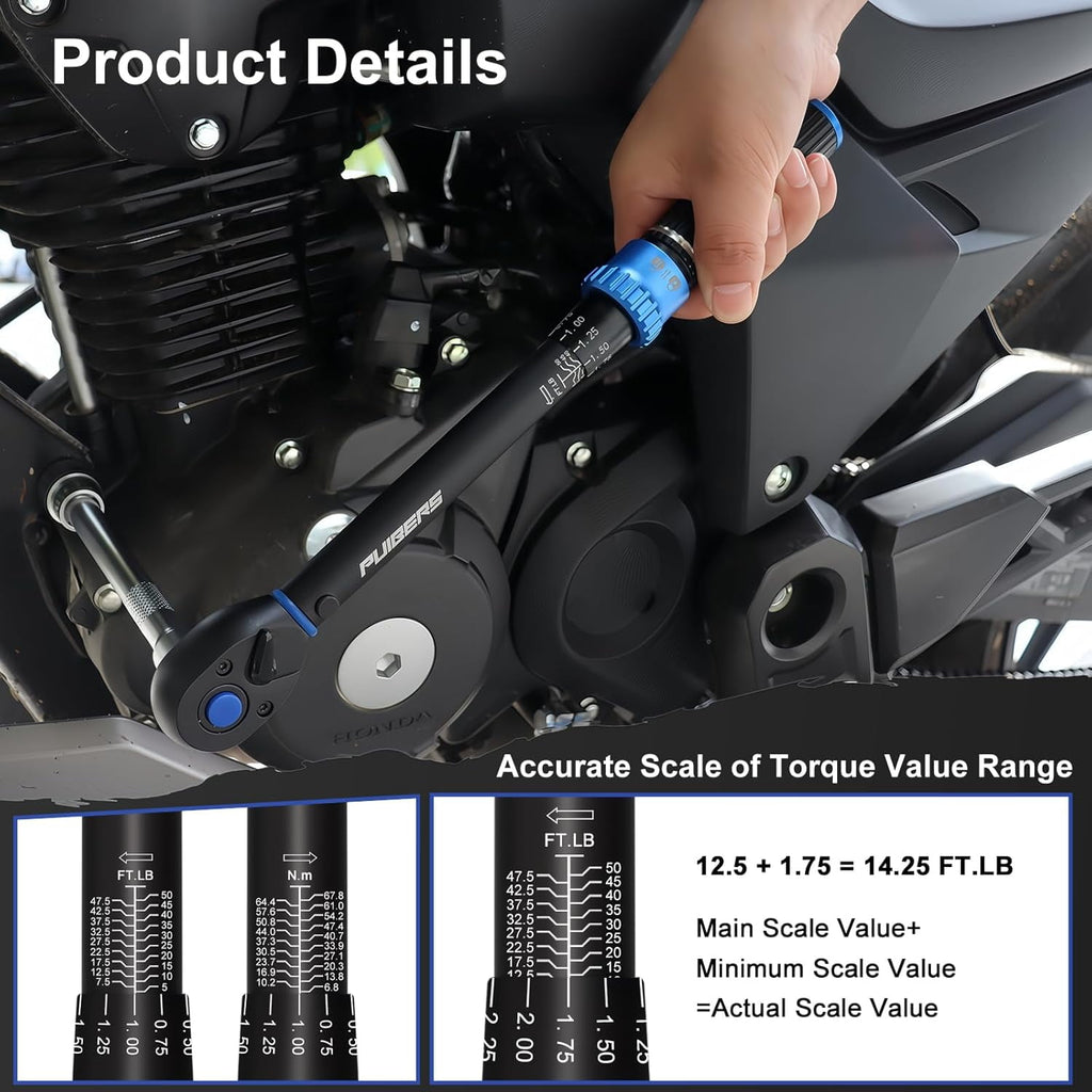 Torque Wrench Set 3/8" Drive 5-50 FT.LB, Dual-Direction 72-Tooth Adjustable Torque Wrenches with 6" Extension Bar, 3/8" to 1/2" & 1/4" Adapt - Image 4