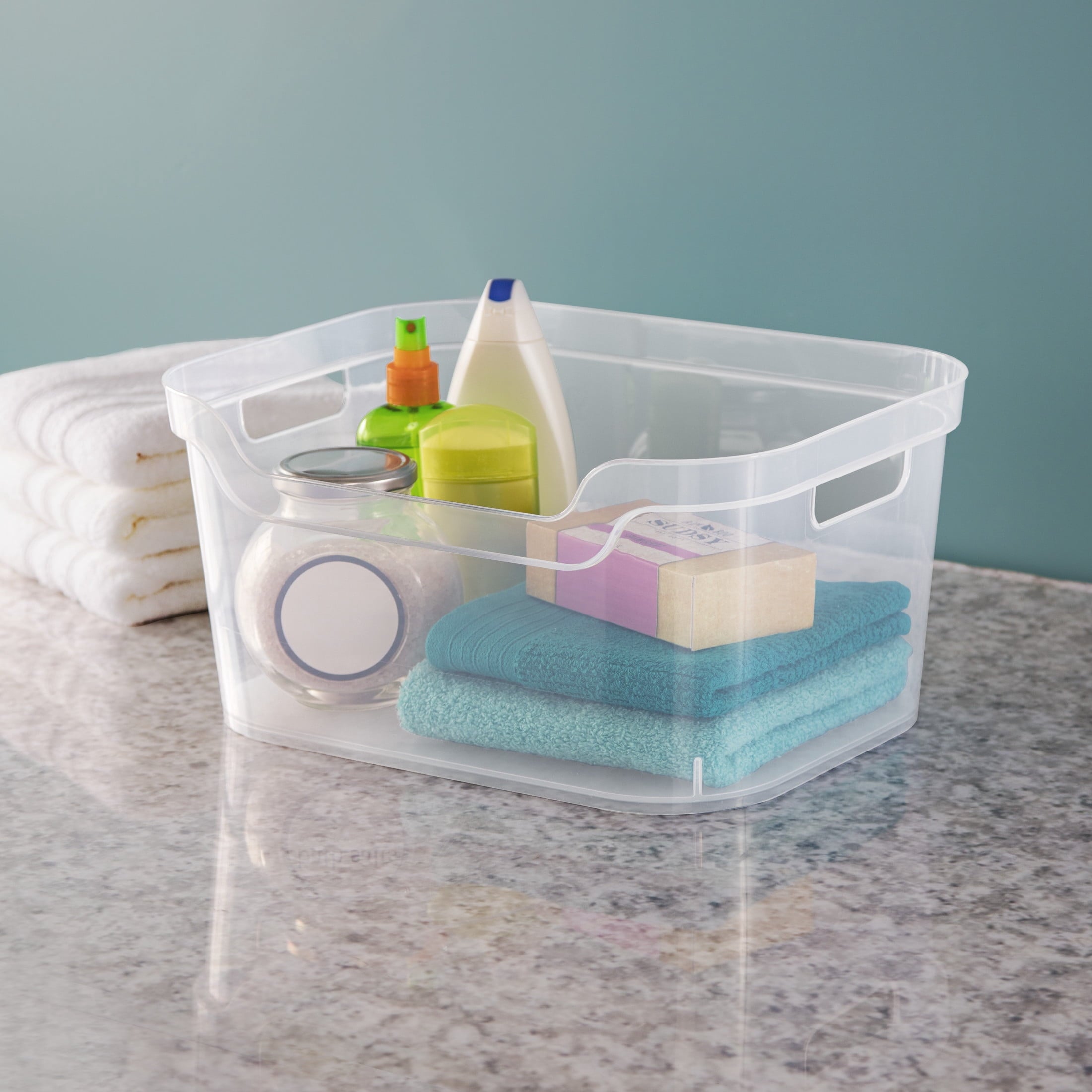Large Open Bin, Clear Plastic, Easy Access Bin with Scoop Front, Clear