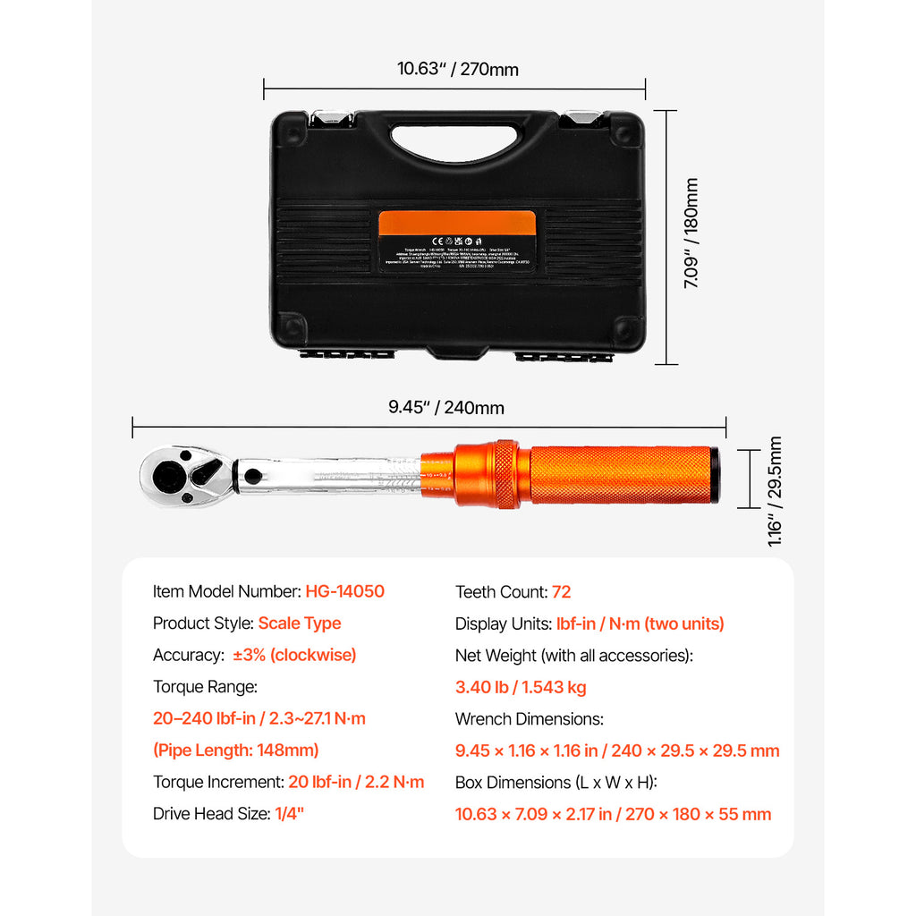 KFFKFF Click Torque Wrench Set, 1/4-Inch Drive, 20-240 lbf-in / 2.3-27.1 N.m, Dual-Direction with Dual Range Scales, 72-Tooth Design, 3% Acc - Image 3