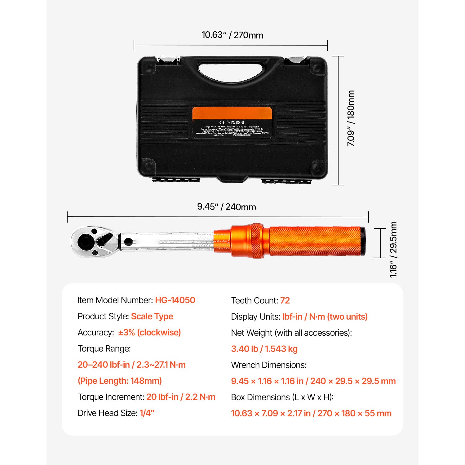 KFFKFF Click Torque Wrench Set, 1/4-Inch Drive, 20-240 lbf-in / 2.3-27.1 N.m, Dual-Direction with Dual Range Scales, 72-Tooth Design, 3% Acc - Image 3