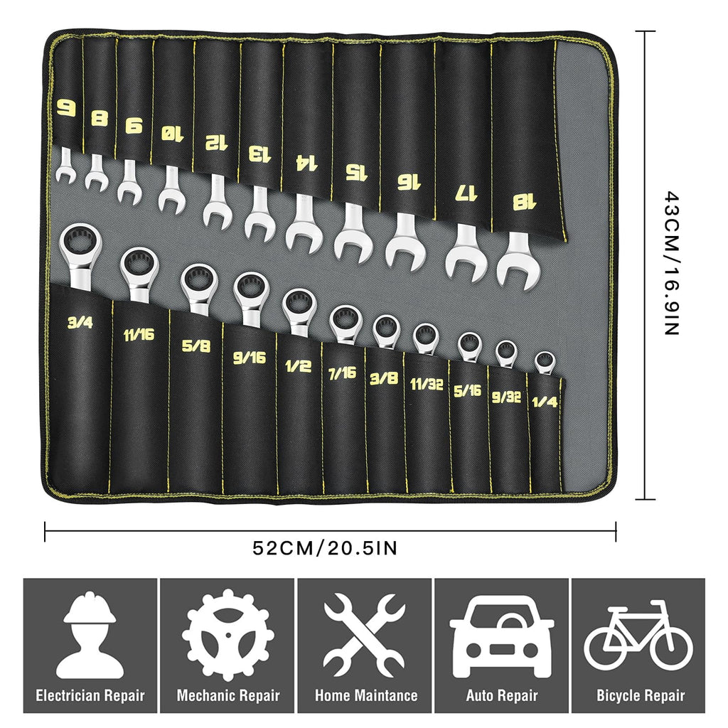 Ratcheting Wrench Set, 22-Piece Combination Wrench Set, SAE 1/4" to 3/4" & Metric 6-18mm, 72 Teeth - Image 3