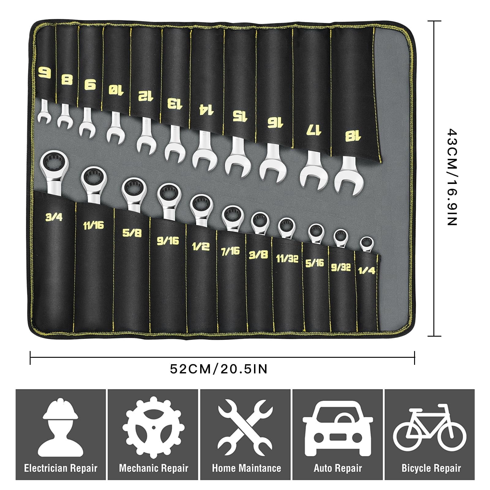 Ratcheting Wrench Set, 22-Piece Combination Wrench Set, SAE 1/4" to 3/4" & Metric 6-18mm, 72 Teeth - Image 3