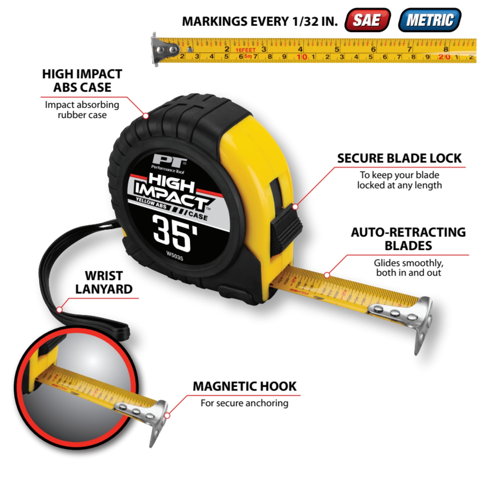 Performance Tool W5035 35-Foot 1-Inch Tape measure, Yellow - Image 6