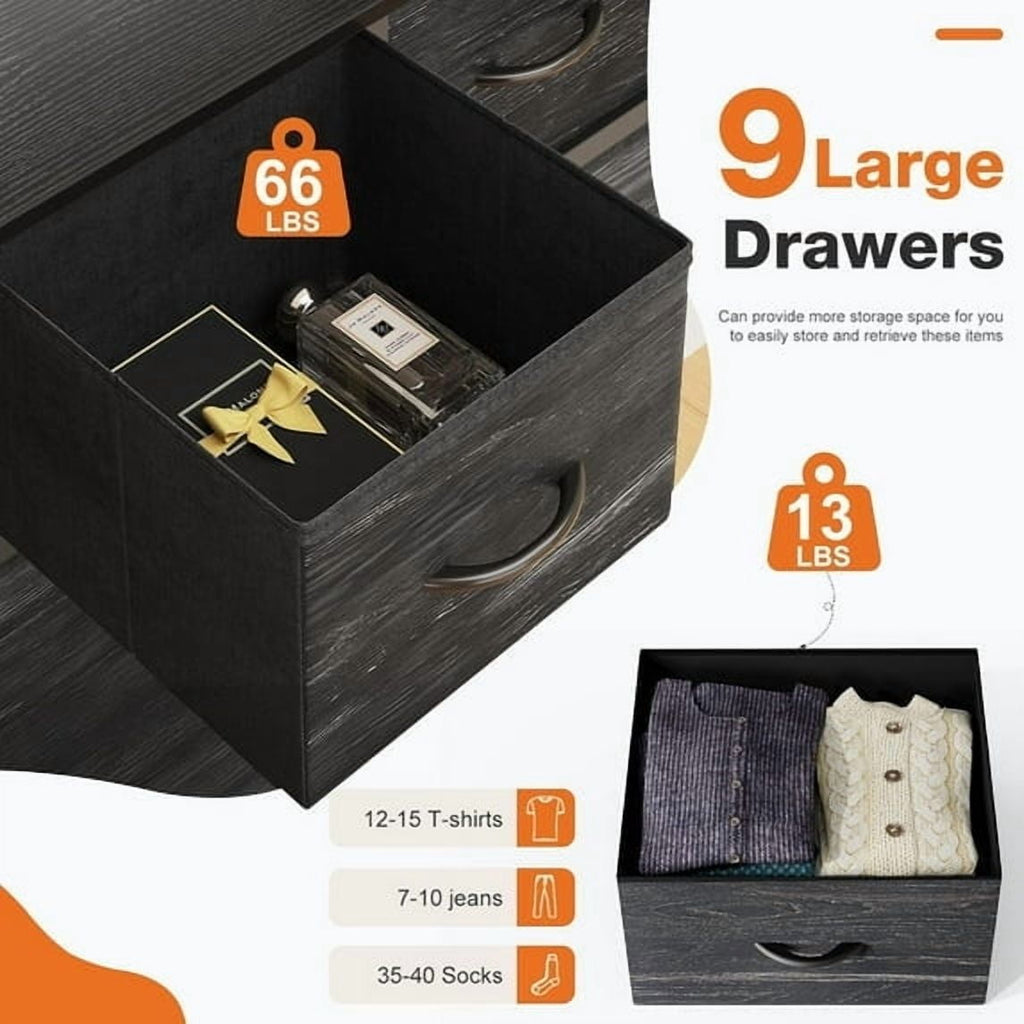 Dresser, Storage Organizer with 9 Drawers for Bedroom, Chest of Drawer with Fabric Bin, Sturdy Metal Frame, Wood Top for Closet, Nursery,Black