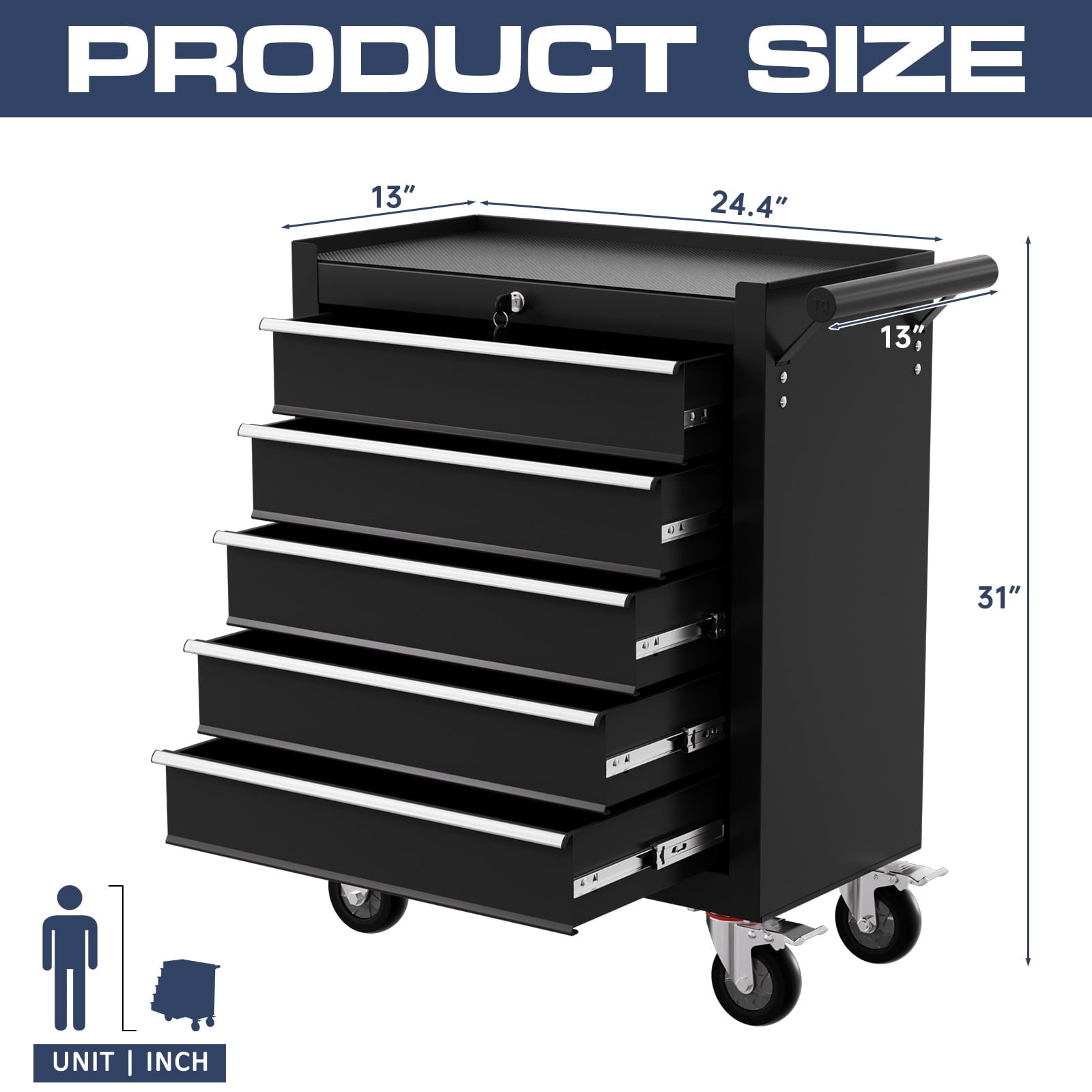5-Drawer Cart with Wheels,High Capacity Cabinet with Locking System for Garage, Warehouse, Workshop-Black - Image 6