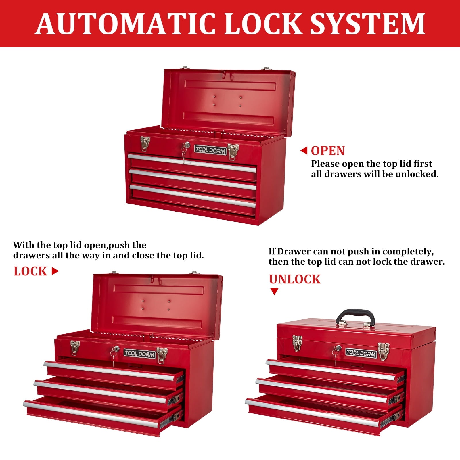 20.3“ Metal Tool Box with Drawer Portable Steel Metal Tool Box with Protective Liner and Metal Latch Closure and Lock... - Image 2