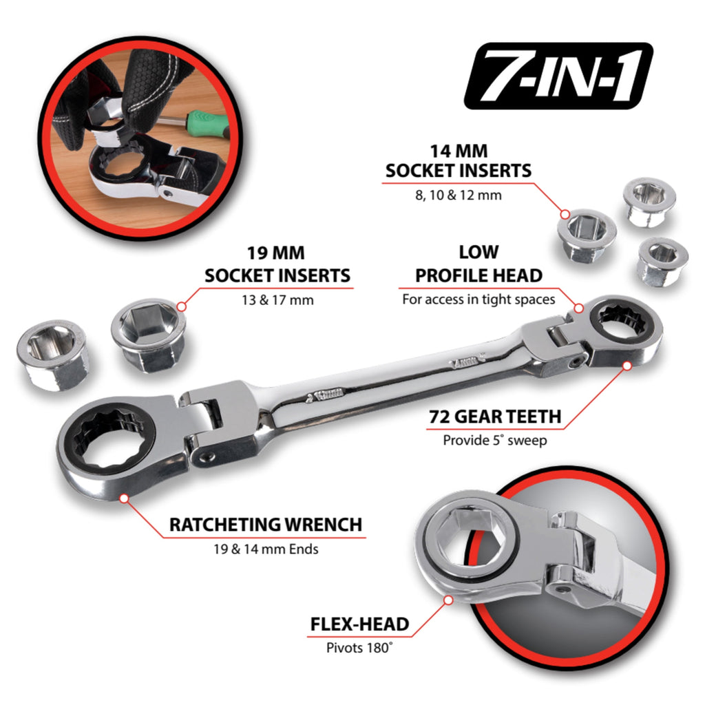 W30649 Flex Head Ratcheting Wrench Set - 7 Piece Metric, Low Profile, 72 Tooth, with Reusable Storage Case - Image 2