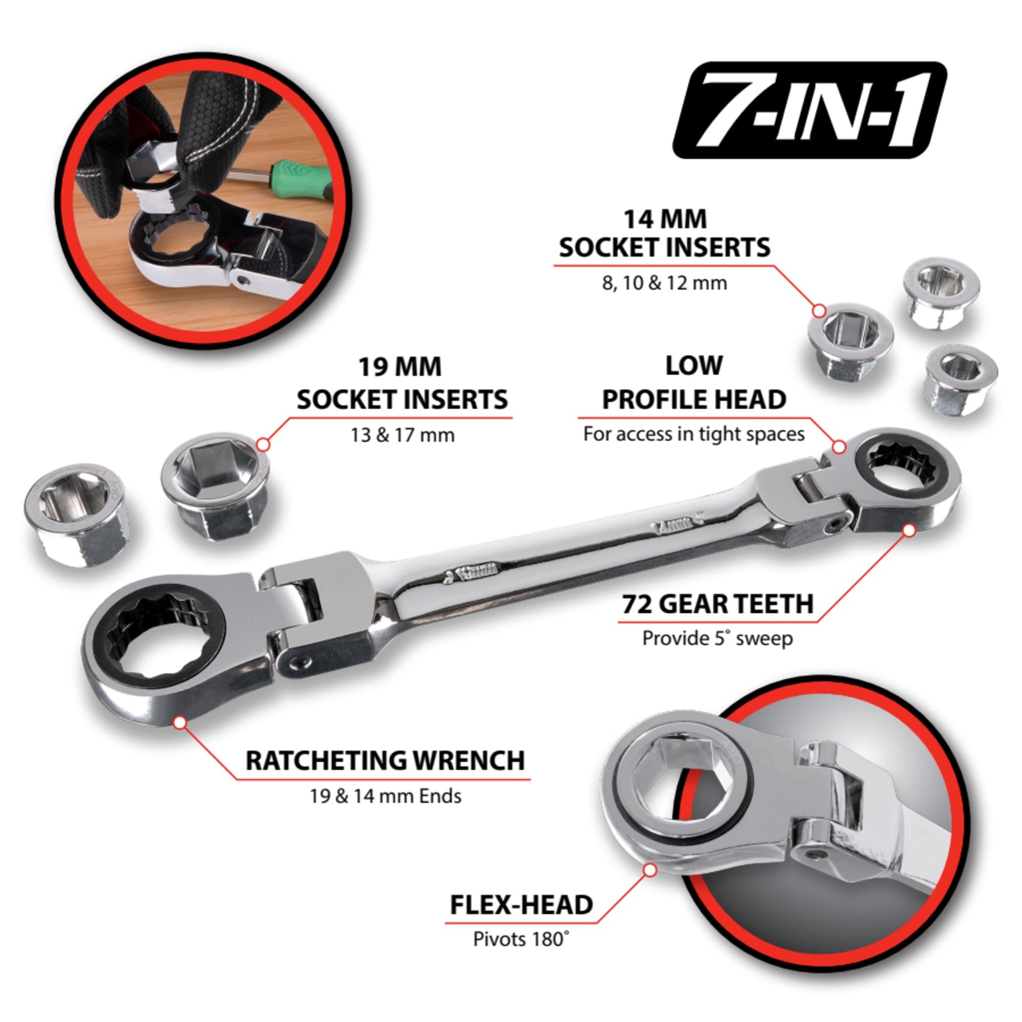 W30649 Flex Head Ratcheting Wrench Set - 7 Piece Metric, Low Profile, 72 Tooth, with Reusable Storage Case - Image 2