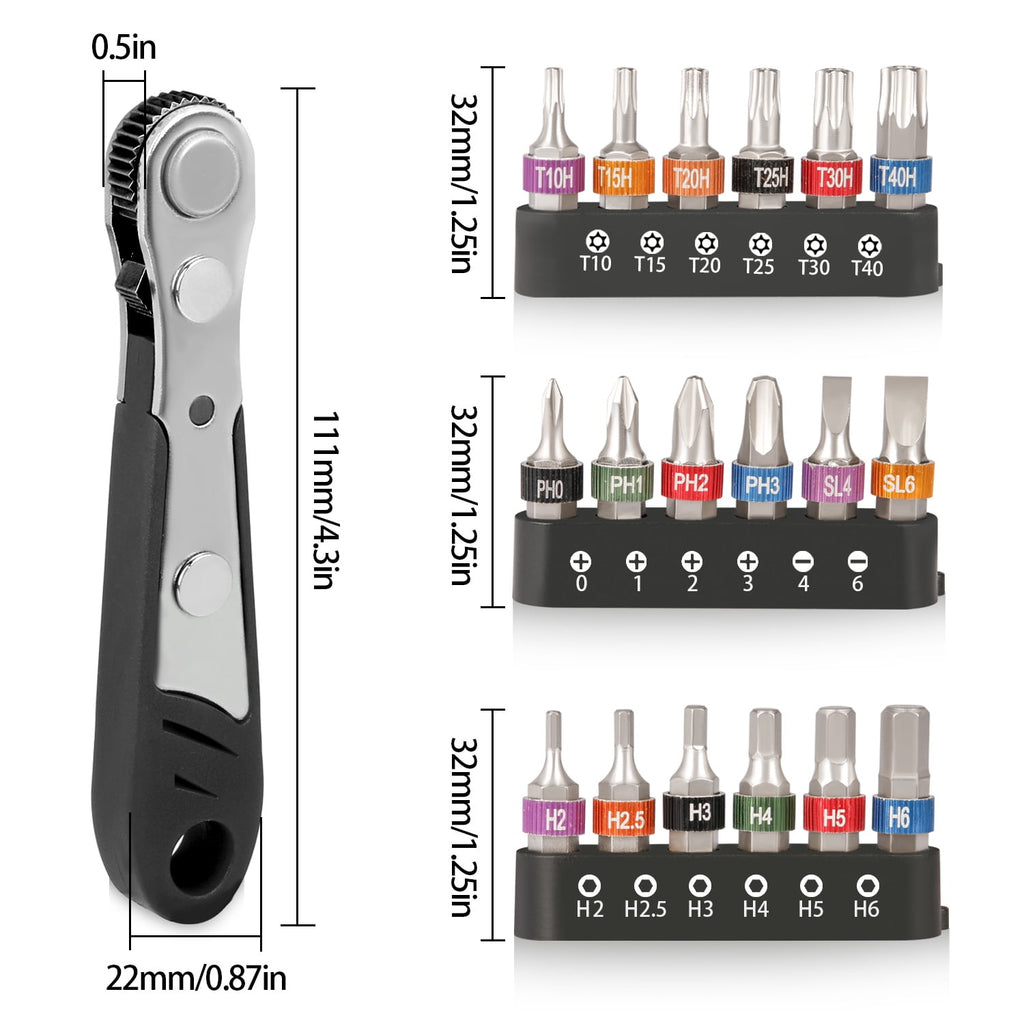 Mini Ratchet Wrench Screwdriver Bit Set, 1/4 Drive 36 Teeth Ratcheting Screwdriver, High Torque Offset Screwdriver Re... - Image 2