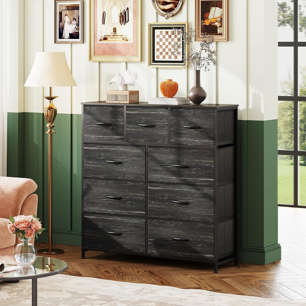 Dresser, Storage Organizer with 9 Drawers for Bedroom, Chest of Drawer with Fabric Bin, Sturdy Metal Frame, Wood Top for Closet, Nursery,Black