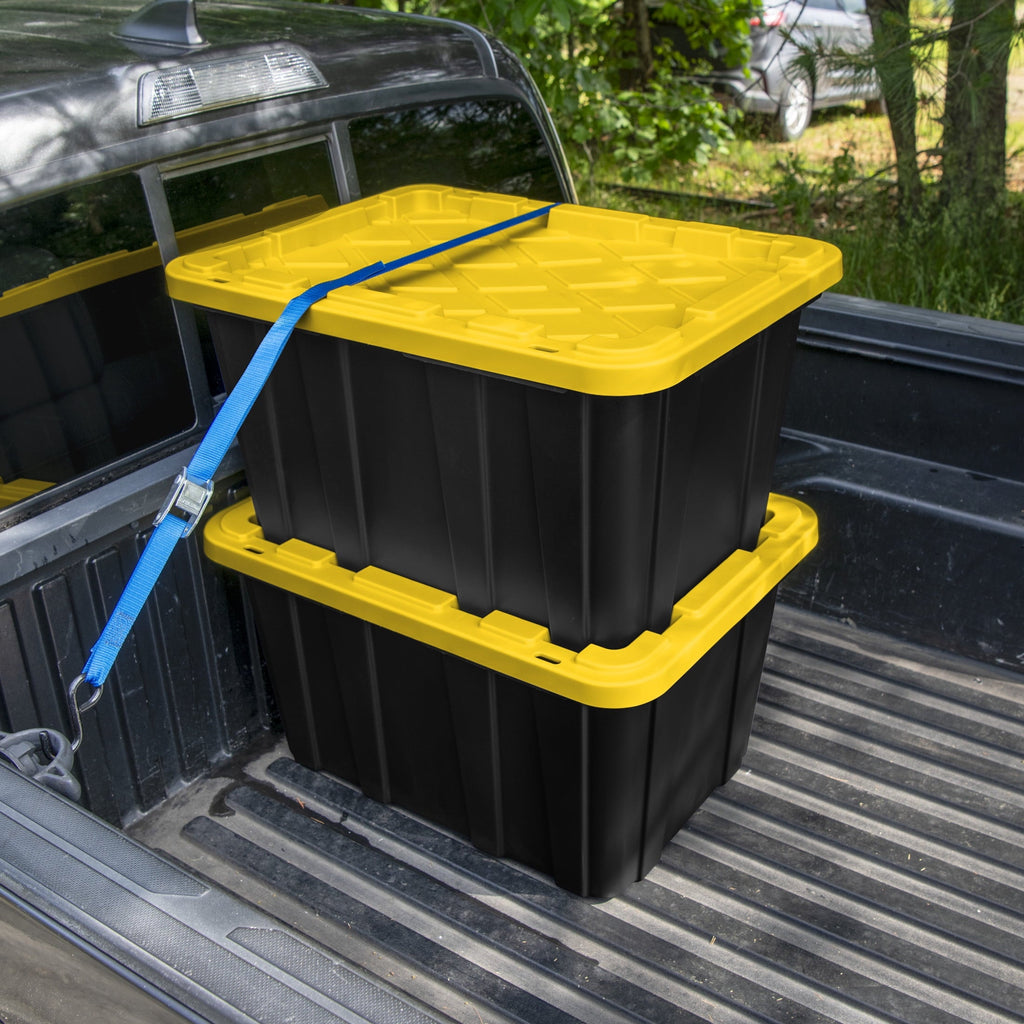 Large Storage Bin, 27 Gallon Plastic Storage Tote with Snap-On Lid, Black and Yellow, 6 Pack