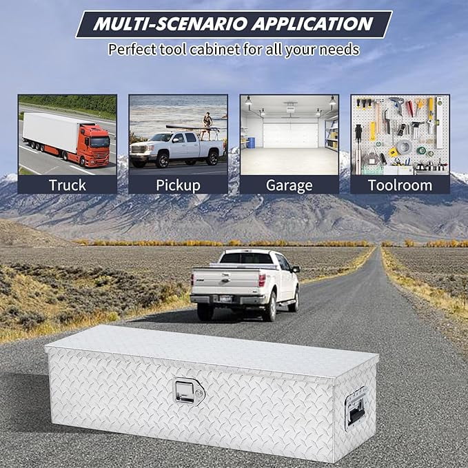 36 Inch Heavy Duty Aluminum Diamond Plate Tool Box Pick Up Truck Bed RV Trailer Toolbox Waterproof Square Storage Organizer with Side Handle - Image 3