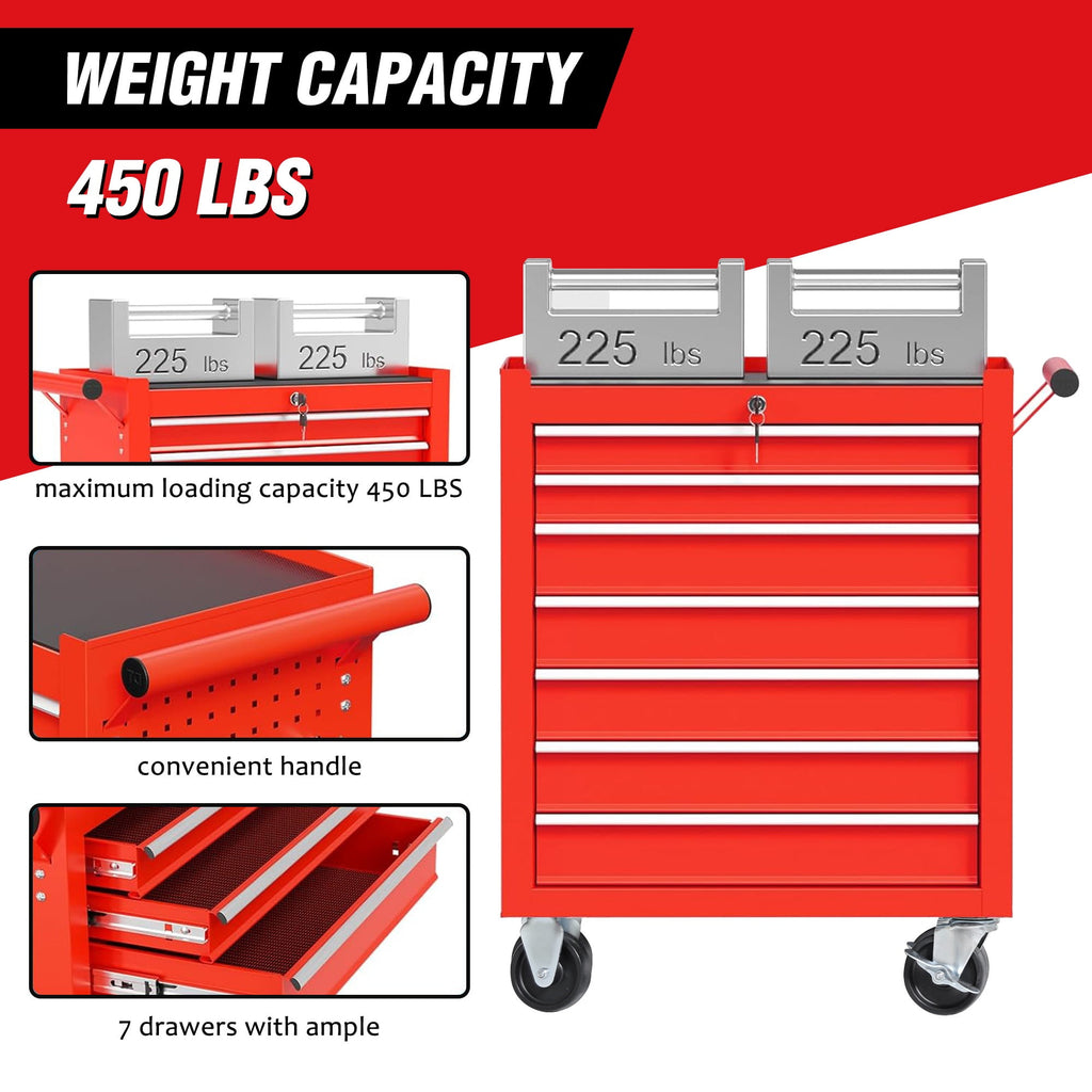 Chest on Wheels, Metal Cart box Storage Cabinet Organizer W/ 7 Drawers, Red - Image 5